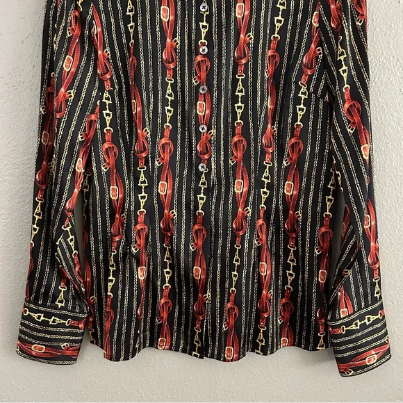 Eye Silk Bit and Bridle Print Button Front Shirt Women’s Size 4 Old Money Luxury - Picture 3 of 10